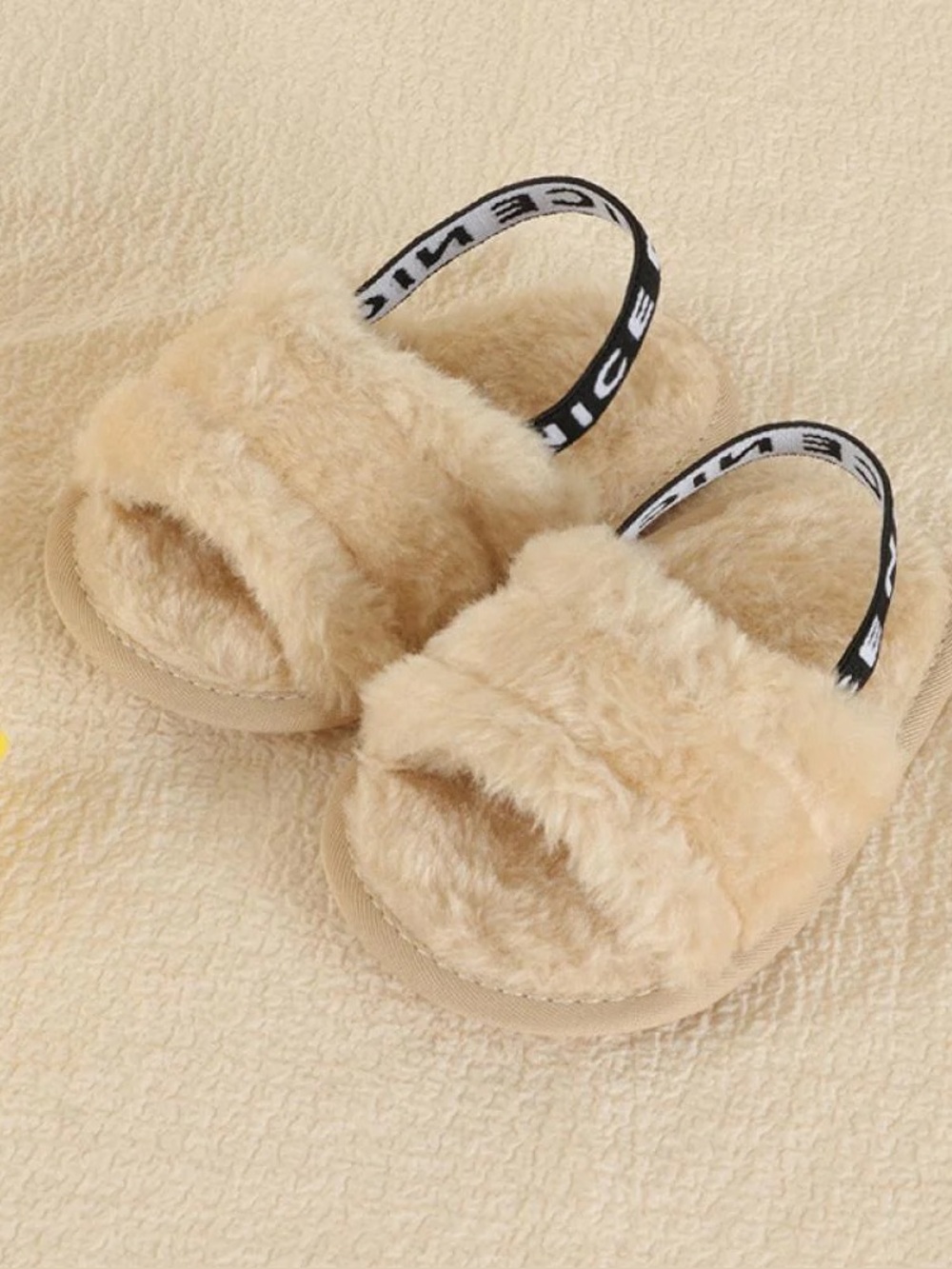Baby Plush Slide Slipper with Back Strap - Beige